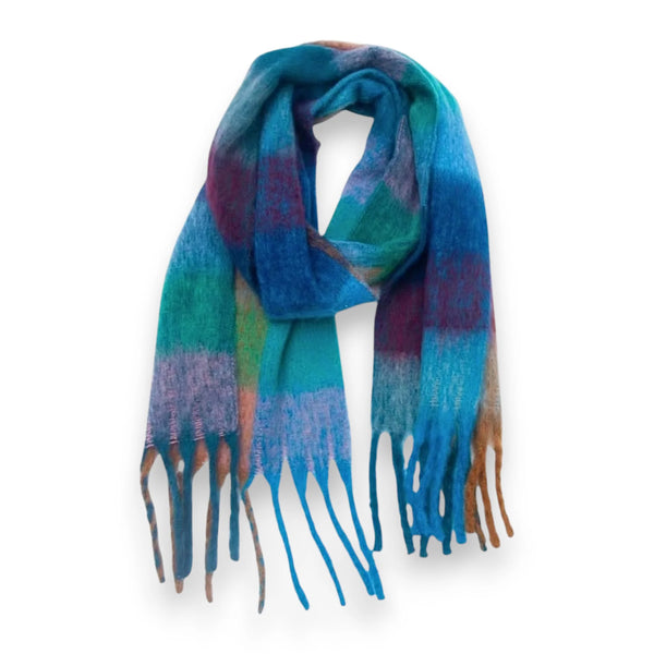 Soft Check Blanket Scarf with Tassels - Ocean