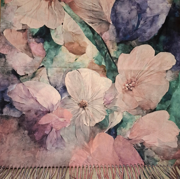 Floral Print Wool Blend Winter Scarf with Tassels