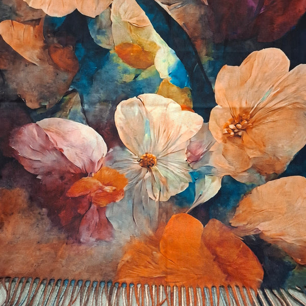 Floral Print Wool Blend Winter Scarf with Tassels