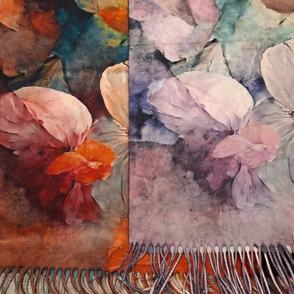 Floral Print Wool Blend Winter Scarf with Tassels