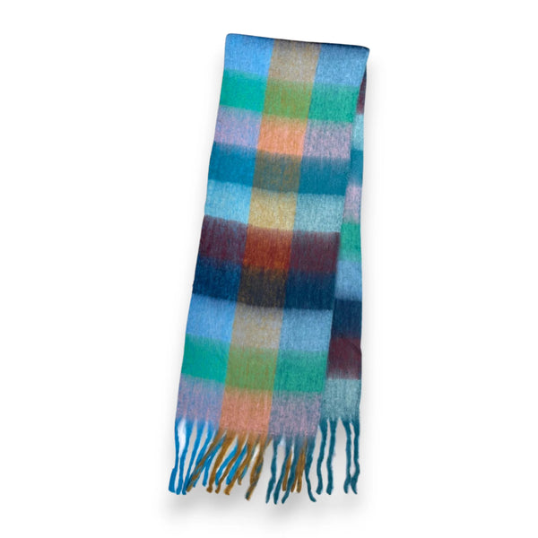 Soft Check Blanket Scarf with Tassels - Ocean