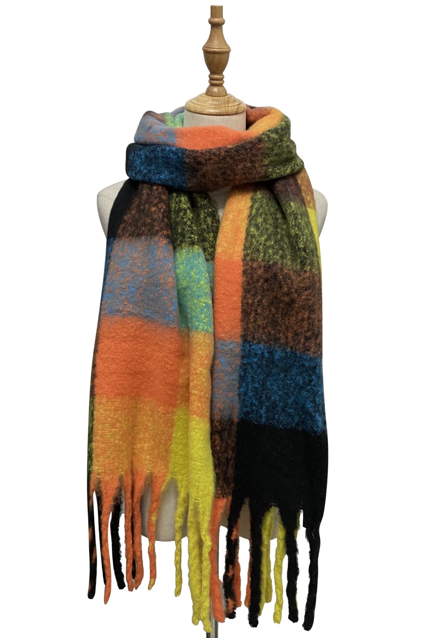 Soft Check Tassel Wrap Scarf - Orange/Black Check
