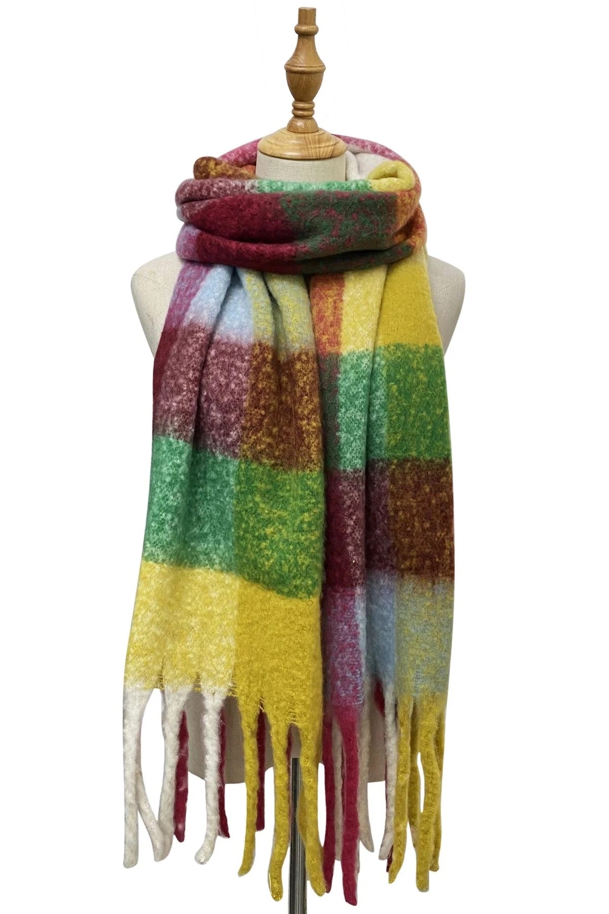 Soft Check Tassel Wrap Scarf - Fuchsia Pink/Mustard Check