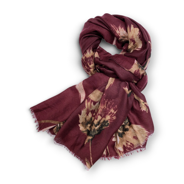 Floral Print Cotton Blend Scarf - Berry