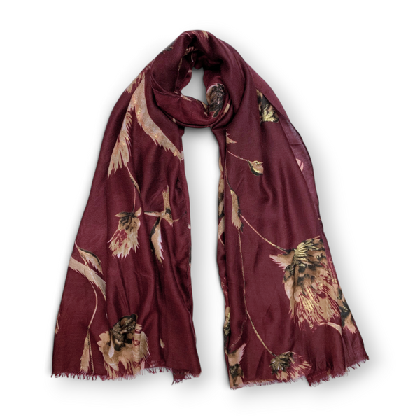 Floral Print Cotton Blend Scarf - Berry