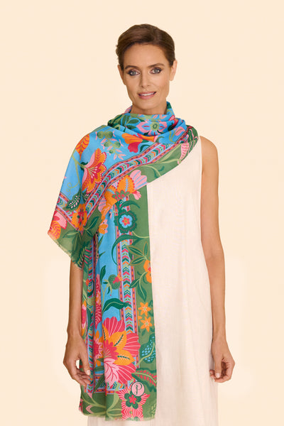 Cotton Scarf - Folky Floral - Cornflower