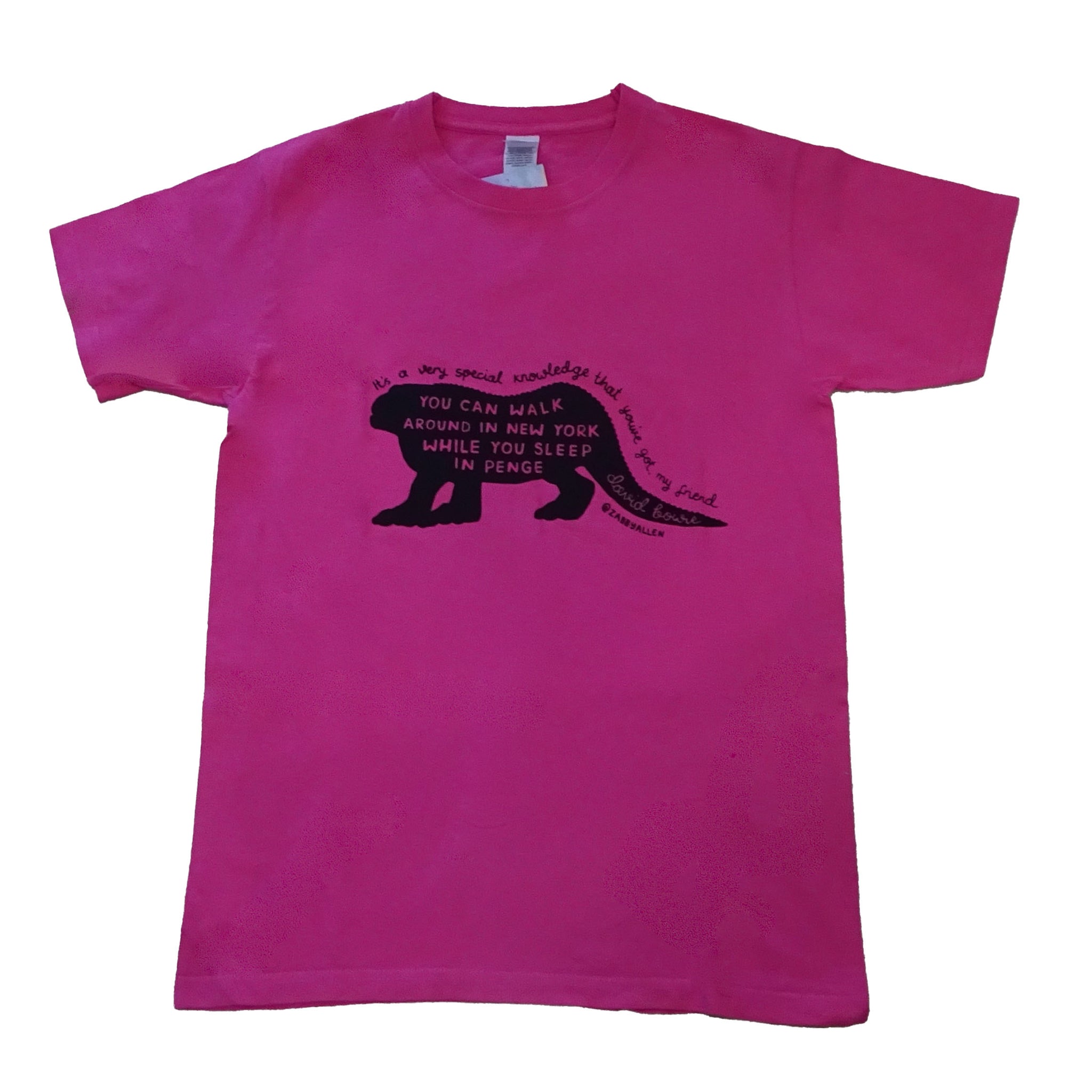 Screen Print Zabby Allen Bowie Iguanadon on Fuchsia Pink T-shirt- Adult