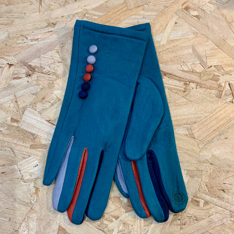 Faux Suede Touchscreen Gloves - Teal Button
