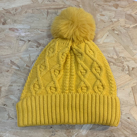 Pom Pom Cable Beanie - Mustard