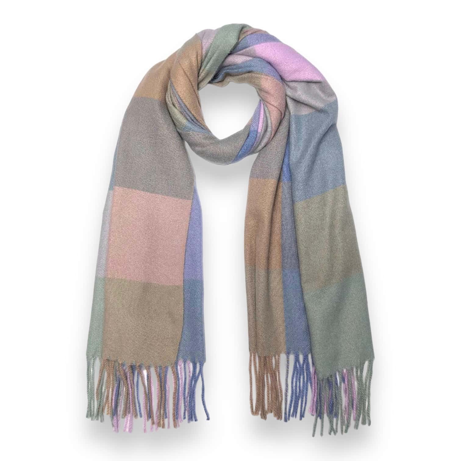 Classic Woolmix Check Winter Scarf with Tassels - Pastels