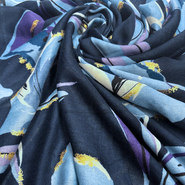 Floral Print Cotton Blend Scarf - Navy
