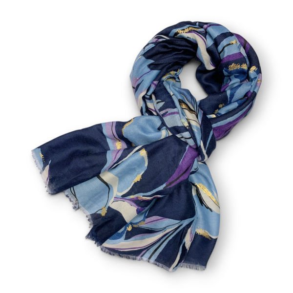 Floral Print Cotton Blend Scarf - Navy