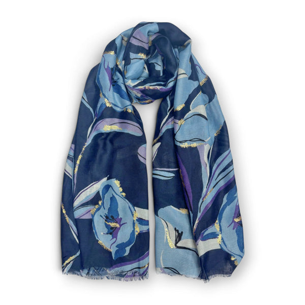 Floral Print Cotton Blend Scarf - Navy