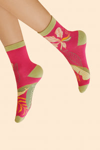 Delicate Tropical Ankle Socks , Dark Rose