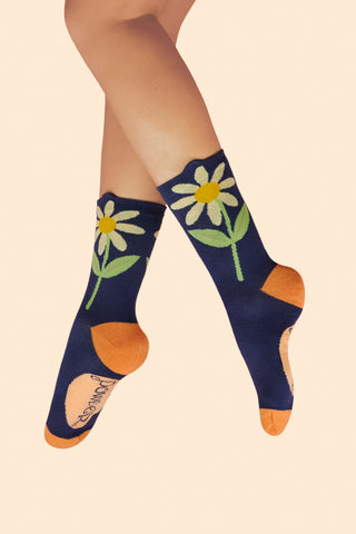 Flower Top Ankle Socks - Daisy Navy Blue