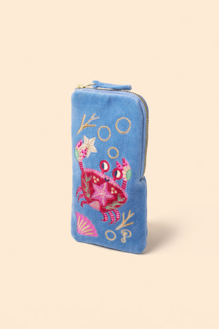 Velvet Sunglasses Pouch - Seafaring Crab - Cornflower
