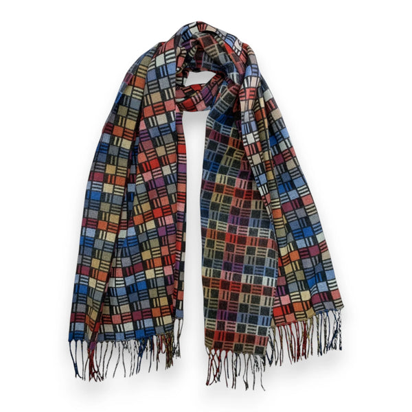 Cube Print Wool Blend Winter Scarf with Tassels