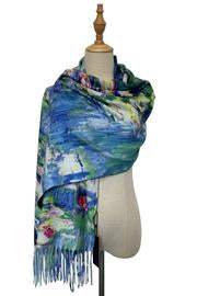 Art Scarf- Monet Water Lilies Painting Print Wool Scarf with Tassels