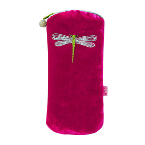 Embroidered Dragonfly Glasses Purse -Hot Pink
