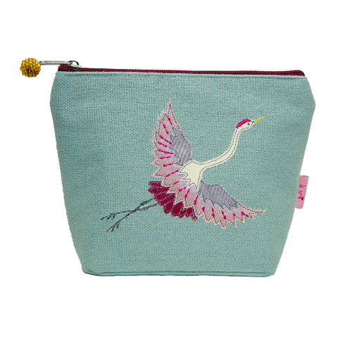 Applique Flying Crane Cosmetic Purse- Dusky Green