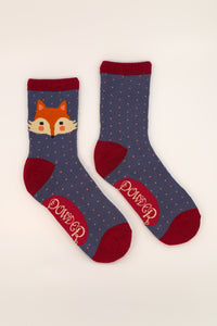 Cheeky Fox Face Ladies Ankle Socks - Denim