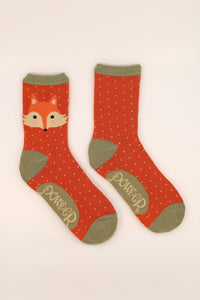 Cheeky Fox Face Ankle Socks -Tangerine