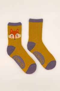 Cheeky Fox Face Ankle Socks -Mustard