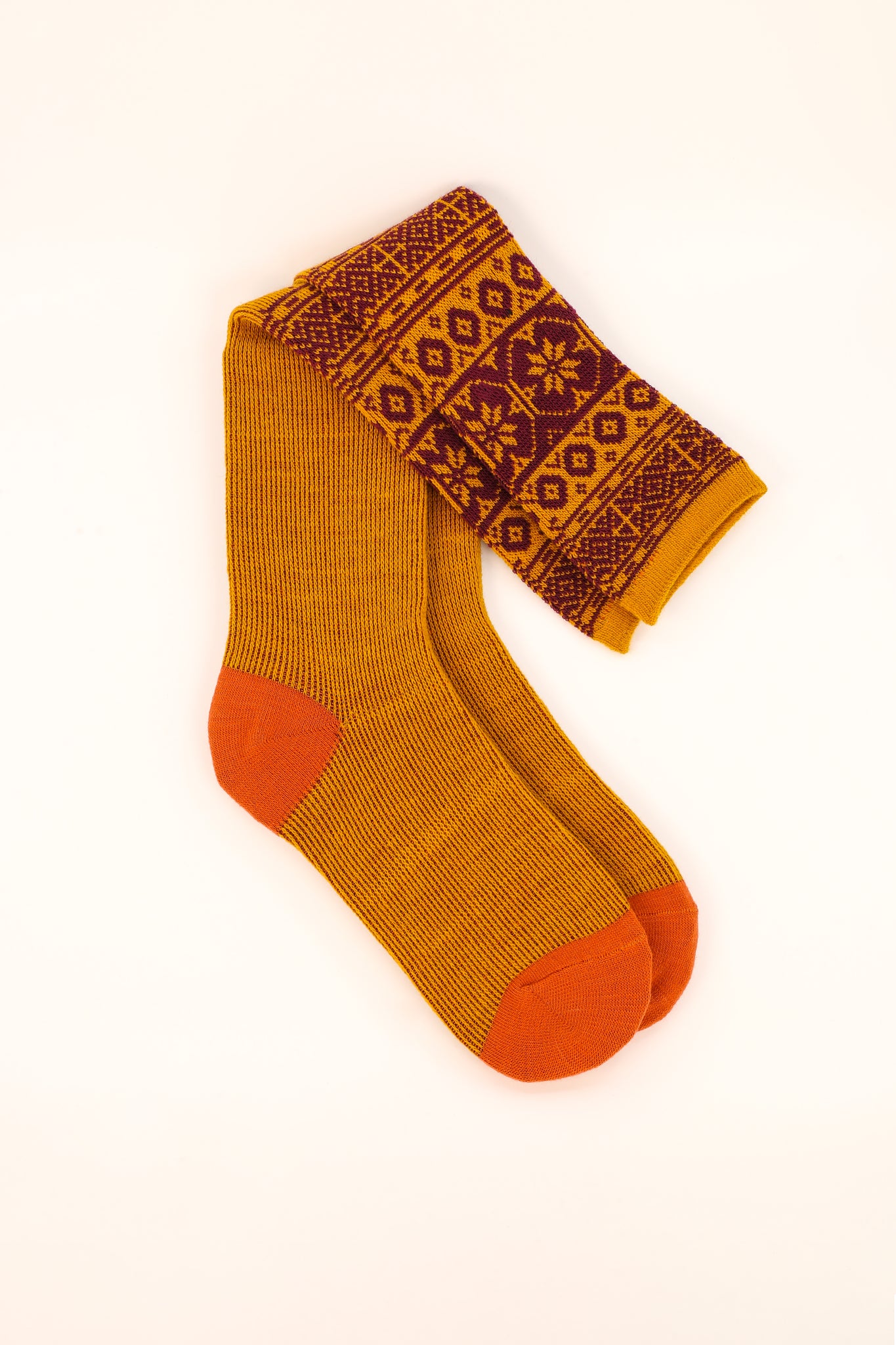 Fair Isle Ladies Boot Socks- Mustard/Damson