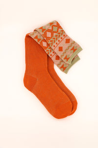 Fair Isle Ladies Boot Socks- Tangerine/Sage